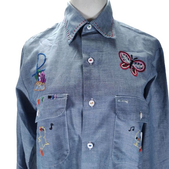 Vintage 70s Embroidered Work Shirt Size L Chambray De Colores Chicken - Picture 4 of 16